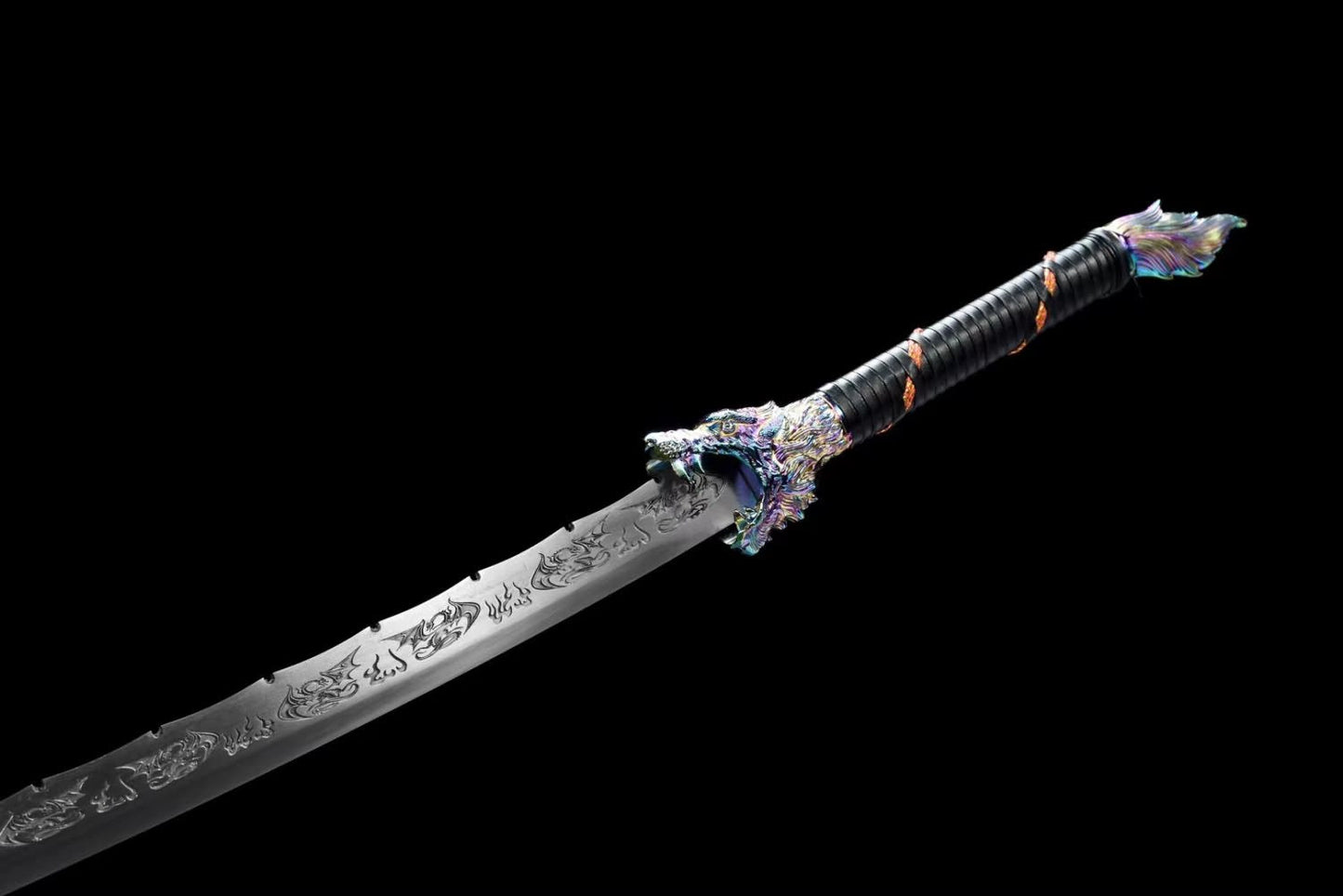 Handcrafted Wolf-Head Broadsword with High Carbon Steel Blade-Forged Patterned Edge and Alloy Fittings