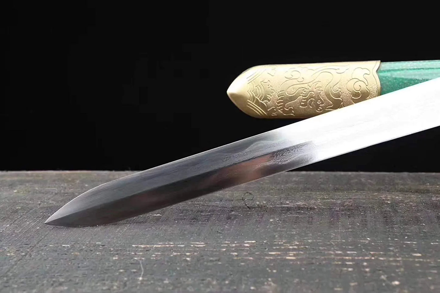 Tai Chi Jian,Superior,Damascus Steel Blade,Green Skin Scabbard,Brass Fittings