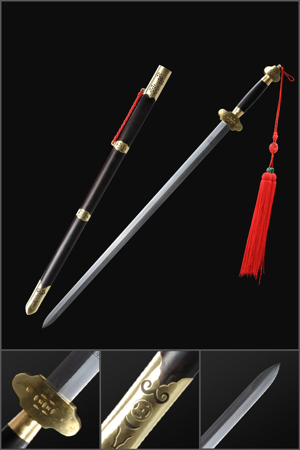 Handmade Chinese Swords Work Cloth Sword Folded Steel Blade Ebony Scabbard