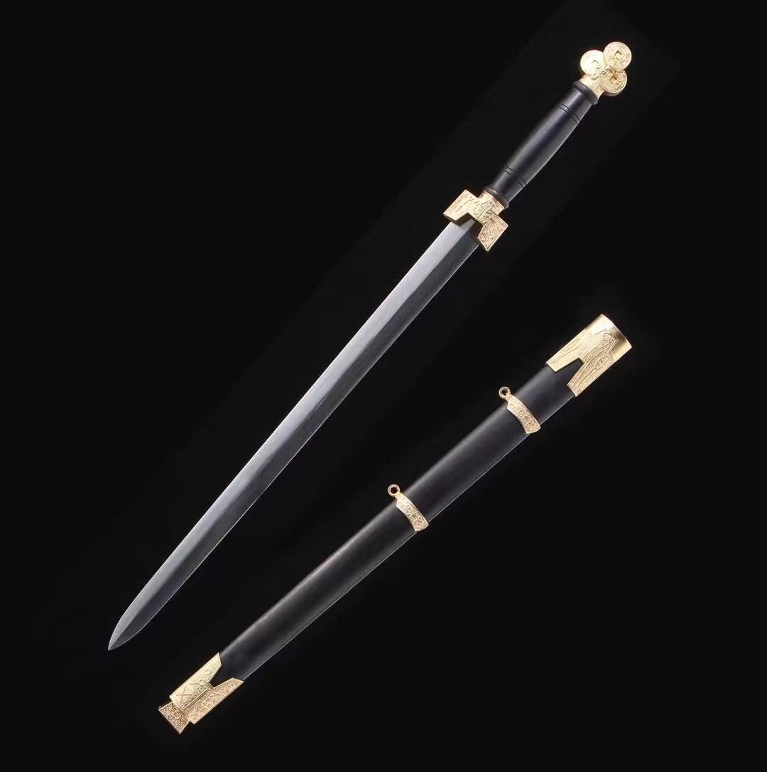 Chinese Swords Damascus Steel Brass Fittings Black Wood Scabbard