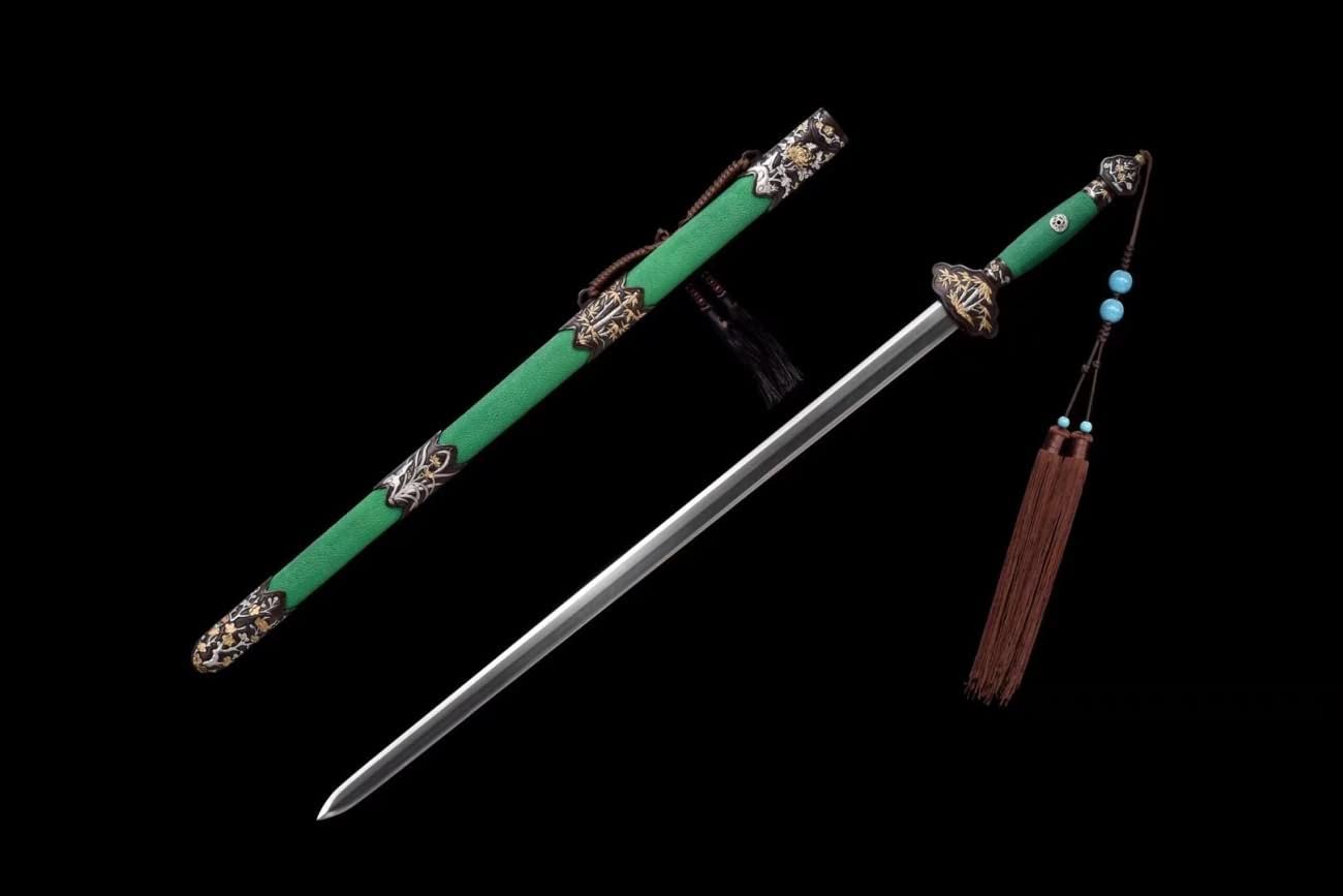 Gentleman Sword,Forged Damascus Steel Blades,Brass Fittings,Green Skin Scabbard