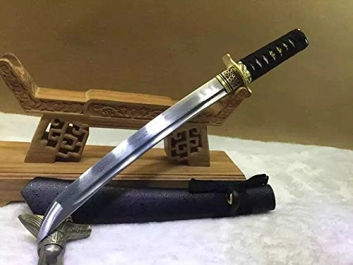 Wakizashi,Damascus steel,Wood Scabbard,Alloy tosogu