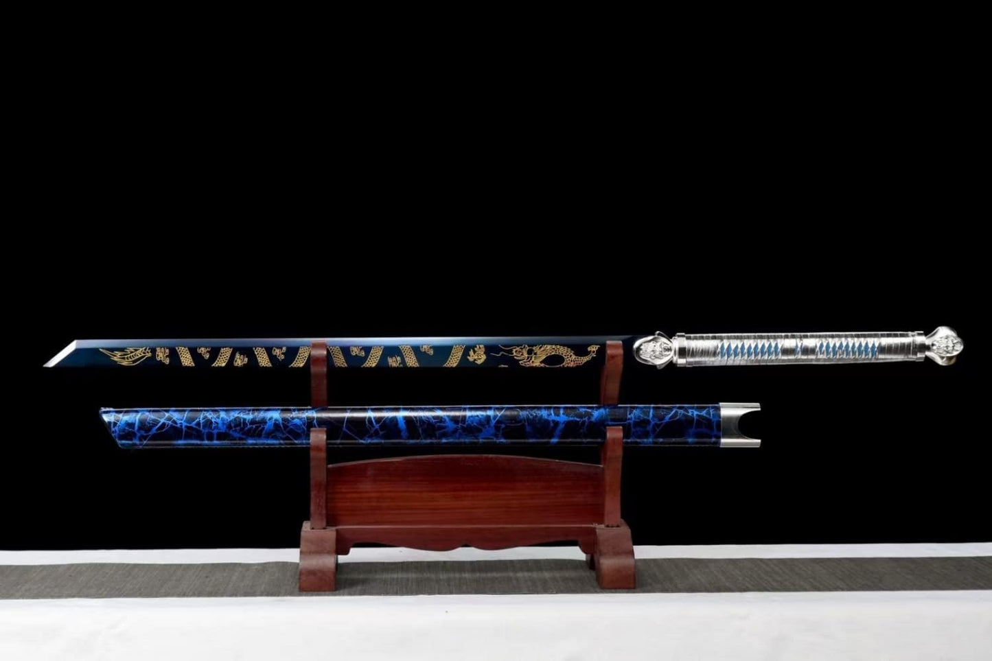 Tang Sword with High Carbon Steel Blue Blade and Dragon & Phoenix Engravings on Each Side