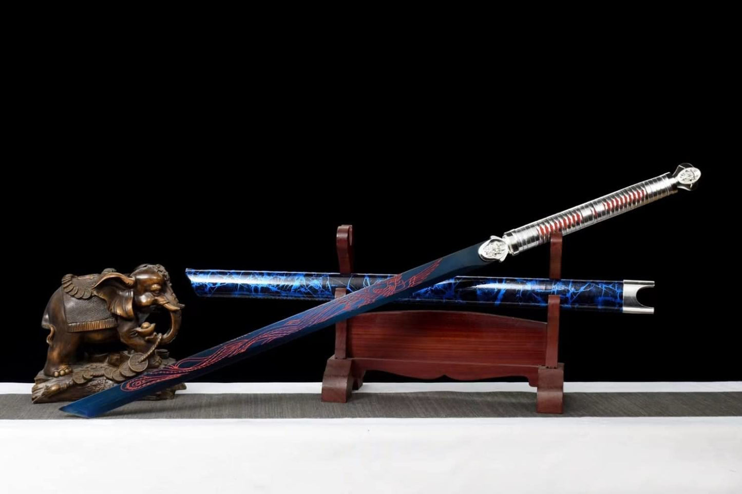 Tang Sword with High Carbon Steel Blue Blade and Dragon & Phoenix Engravings on Each Side