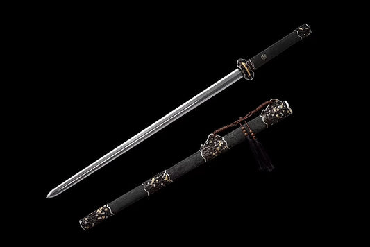 Tang jian Sword Real,Damascus Steel Blade,Brass Scabbard,Skin Scabbard