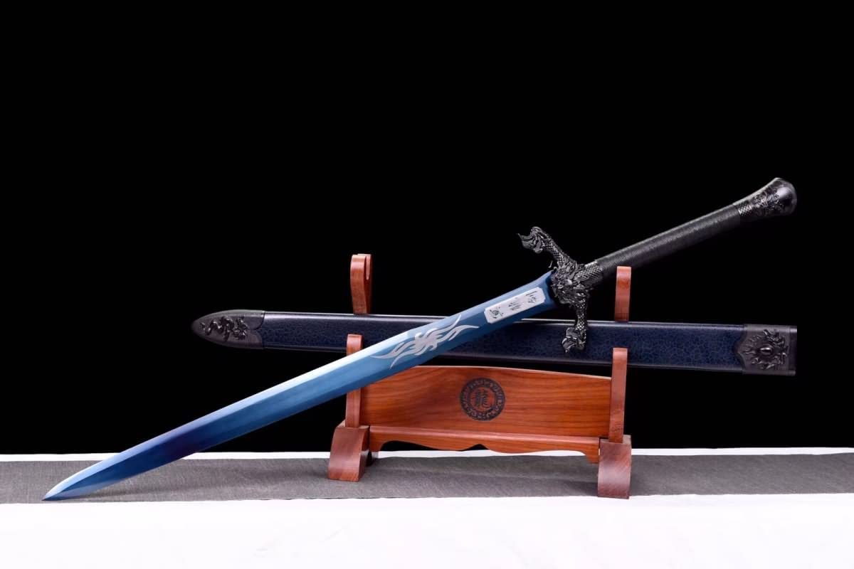 Flying Dragon Jian,Forged Spring Steel Blue Blades,Solid Wood Scabbard