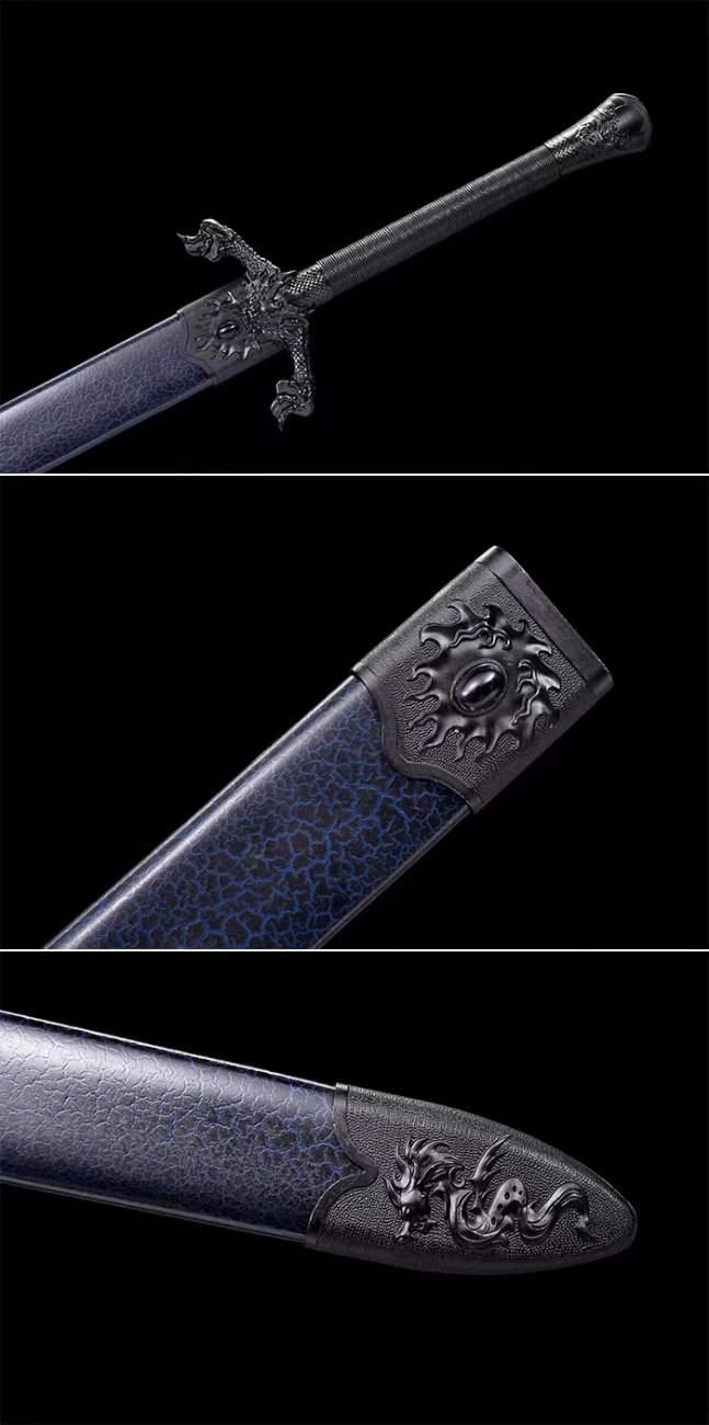 Flying Dragon Jian,Forged Spring Steel Blue Blades,Solid Wood Scabbard