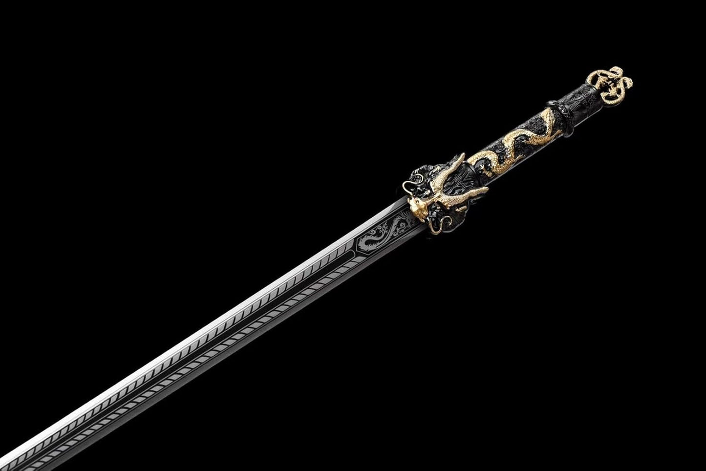 Dragon King Sword,Forged High Manganese Steel Blade,Double-Edged with Etched Dragon Patterns,Faux-Leather Scabbard