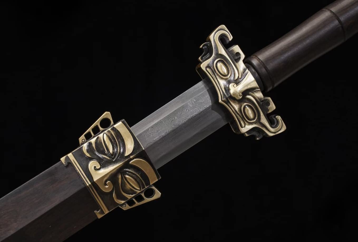 Ancient Han jian Damascus Steel Burn Blades,Brass Fittings,Ebony Scabbard