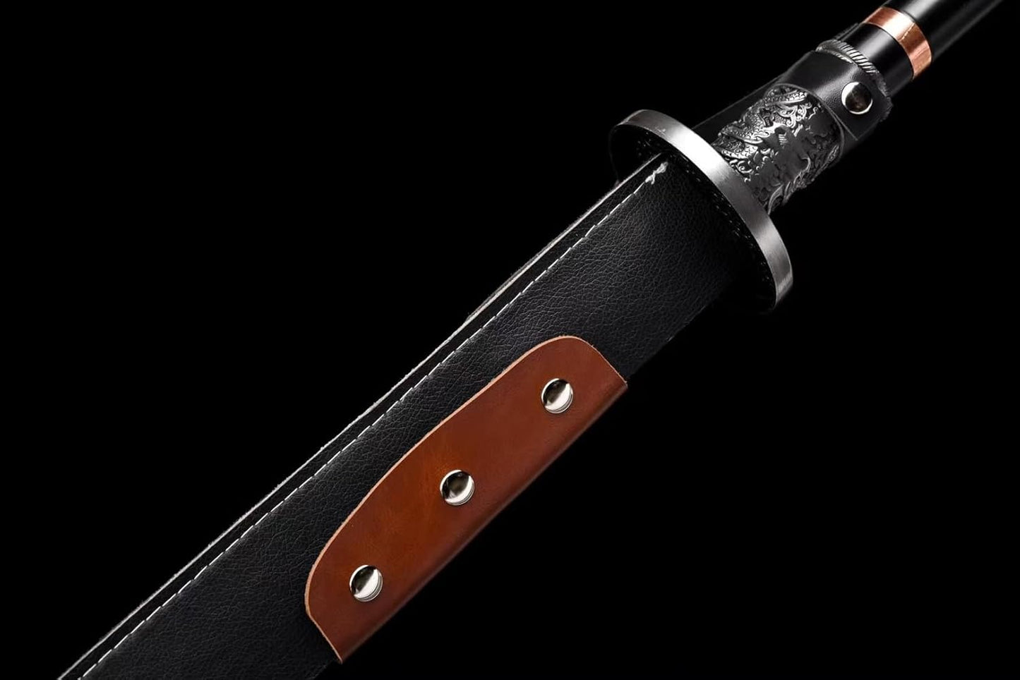 Guan Dao 82"–Forged High Manganese Steel Blade with Etched Design,Faux Leather Sheath,Two-Piece Stainless Steel Pole