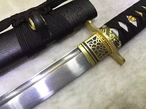 Wakizashi,Damascus steel,Wood Scabbard,Alloy tosogu