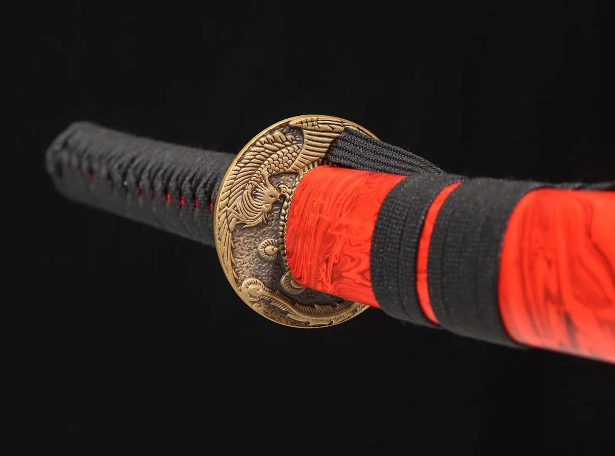 Samurai Sword Battle Ready,Hand Forged Damascus Blade Red Scabbard