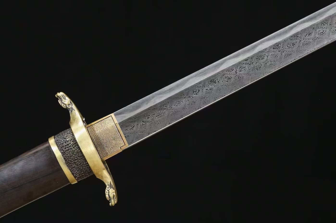 Tang dao,Forged Damascus Blade,Brass Fittings,Ebony Scabbard