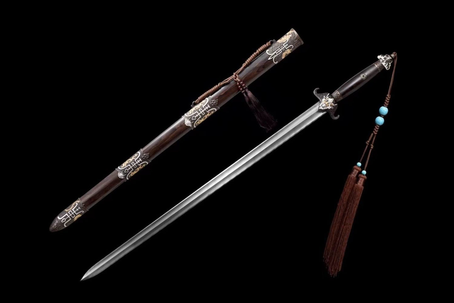 Bat Sword Real,Damascus Steel Blades,Brass Fittings,Ebony Scabbard