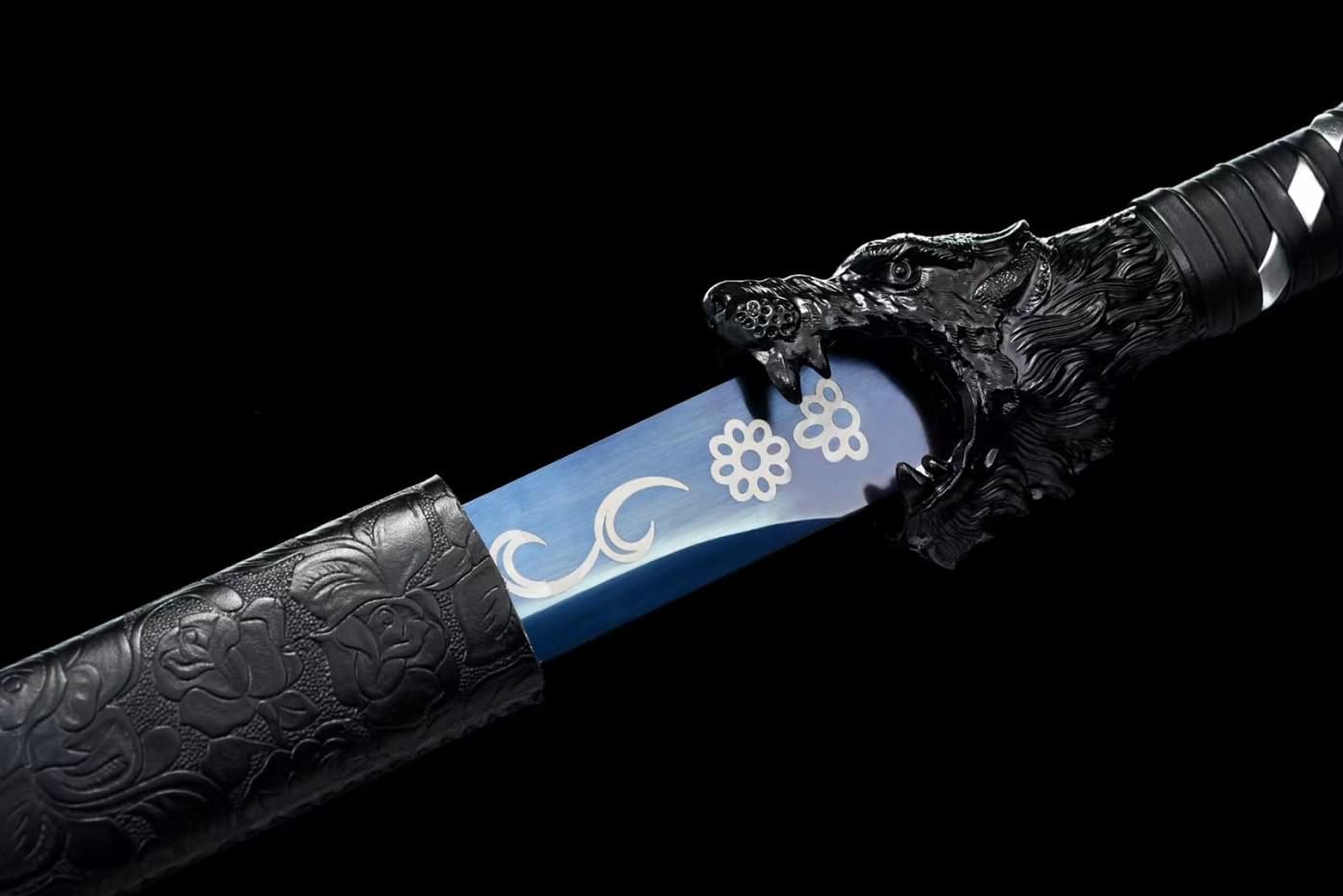 Dragon Tang jian,Forged High Carbon Steel Etched Blade,Fake Leather Scabbard