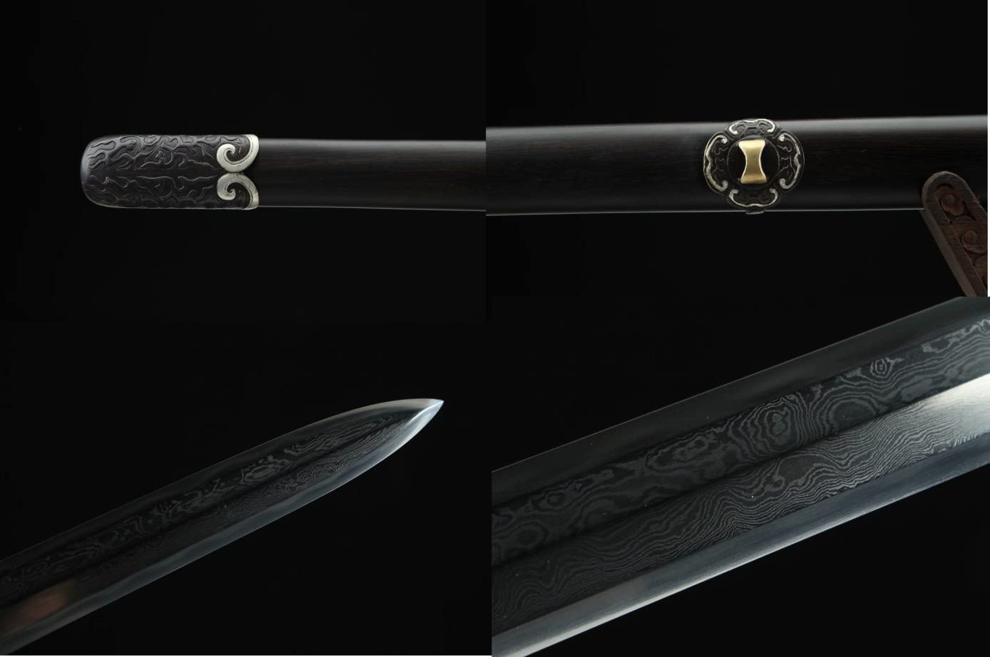 Fire Dragon jian,Forged Damascus Steel Blade,Brass Fittings,Ebony Scabbard