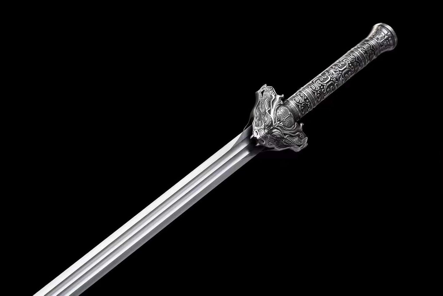 Dragon Battle Sword - Forged High Carbon Steel Blade, Dual Grooves, Alloy Dragon Fittings