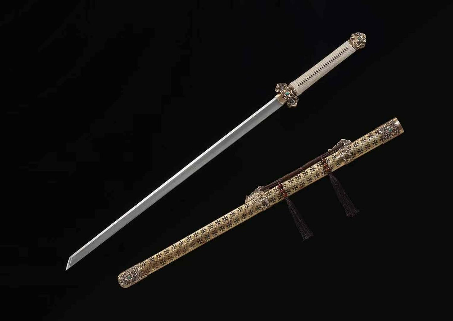 Tang Dynasty Sword – Forged Damascus Steel Blade,Brass Engraved Scabbard