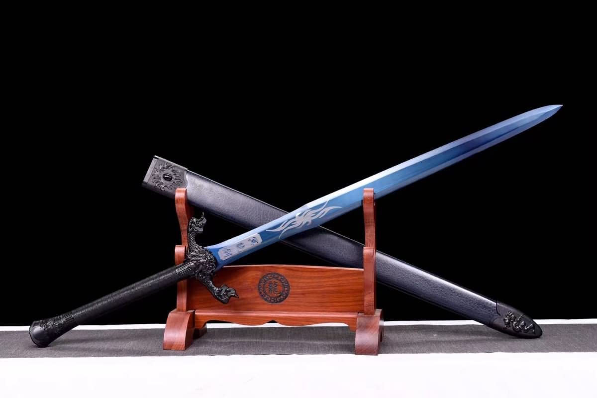 Flying Dragon Jian,Forged Spring Steel Blue Blades,Solid Wood Scabbard