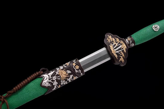 Gentleman Sword,Forged Damascus Steel Blades,Brass Fittings,Green Skin Scabbard