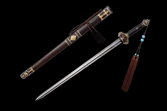 Yongle jian Sword,Hand Forged Damascus Blade,Ebony,Alloy Fittings