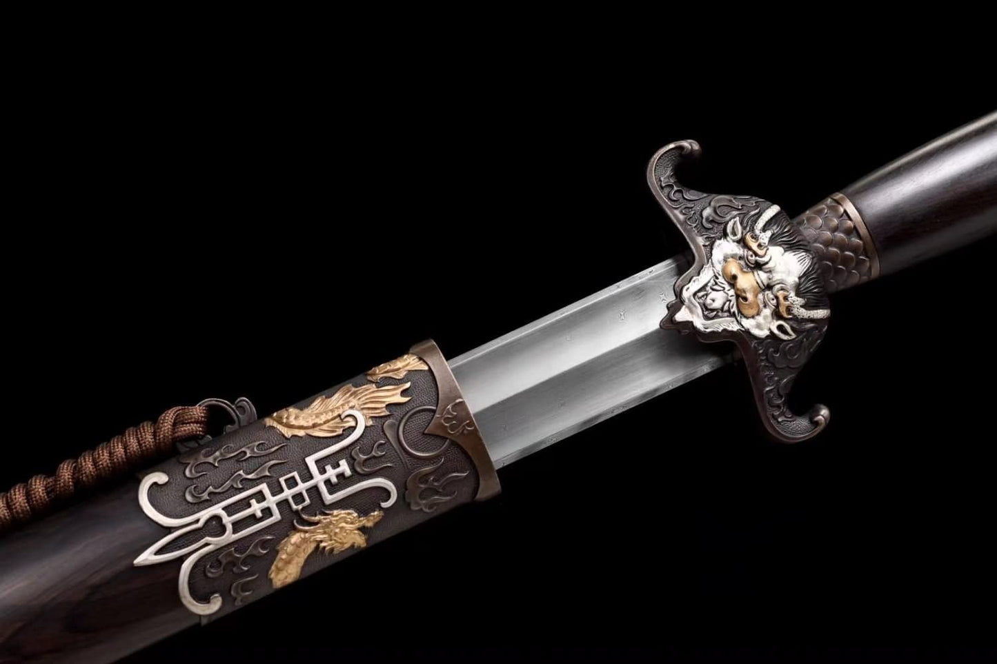 Bat Sword Real,Damascus Steel Blades,Brass Fittings,Ebony Scabbard