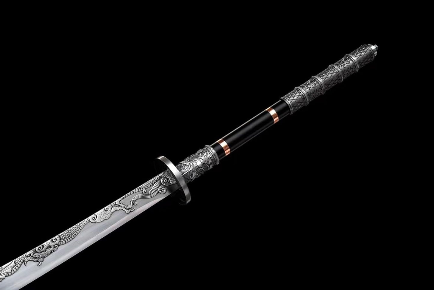 Guan Dao 82"–Forged High Manganese Steel Blade with Etched Design,Faux Leather Sheath,Two-Piece Stainless Steel Pole