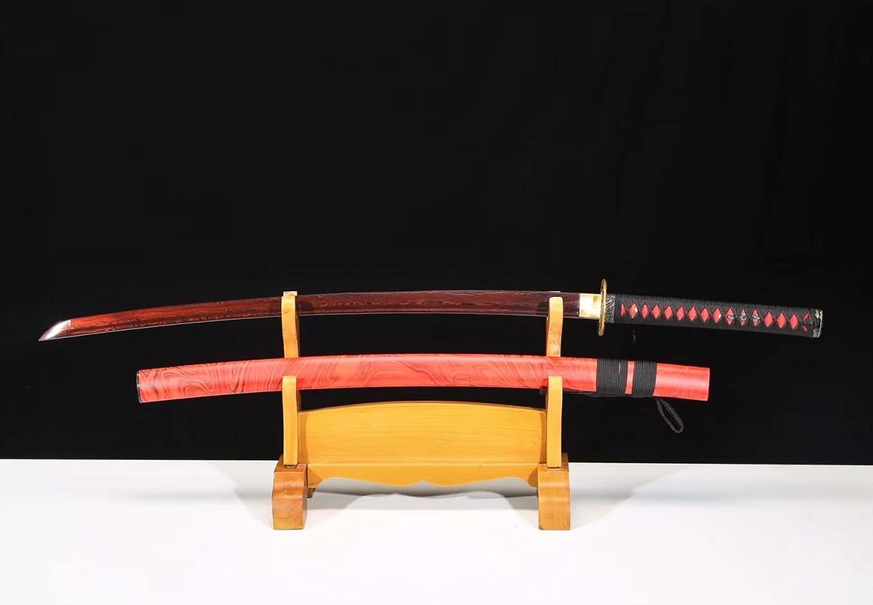 Samurai Sword Battle Ready,Hand Forged Damascus Blade Red Scabbard