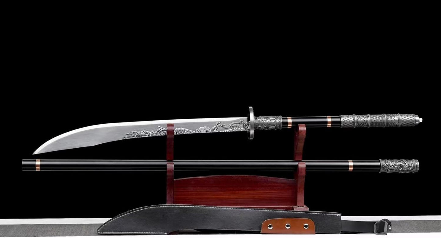 Guan Dao 82"–Forged High Manganese Steel Blade with Etched Design,Faux Leather Sheath,Two-Piece Stainless Steel Pole