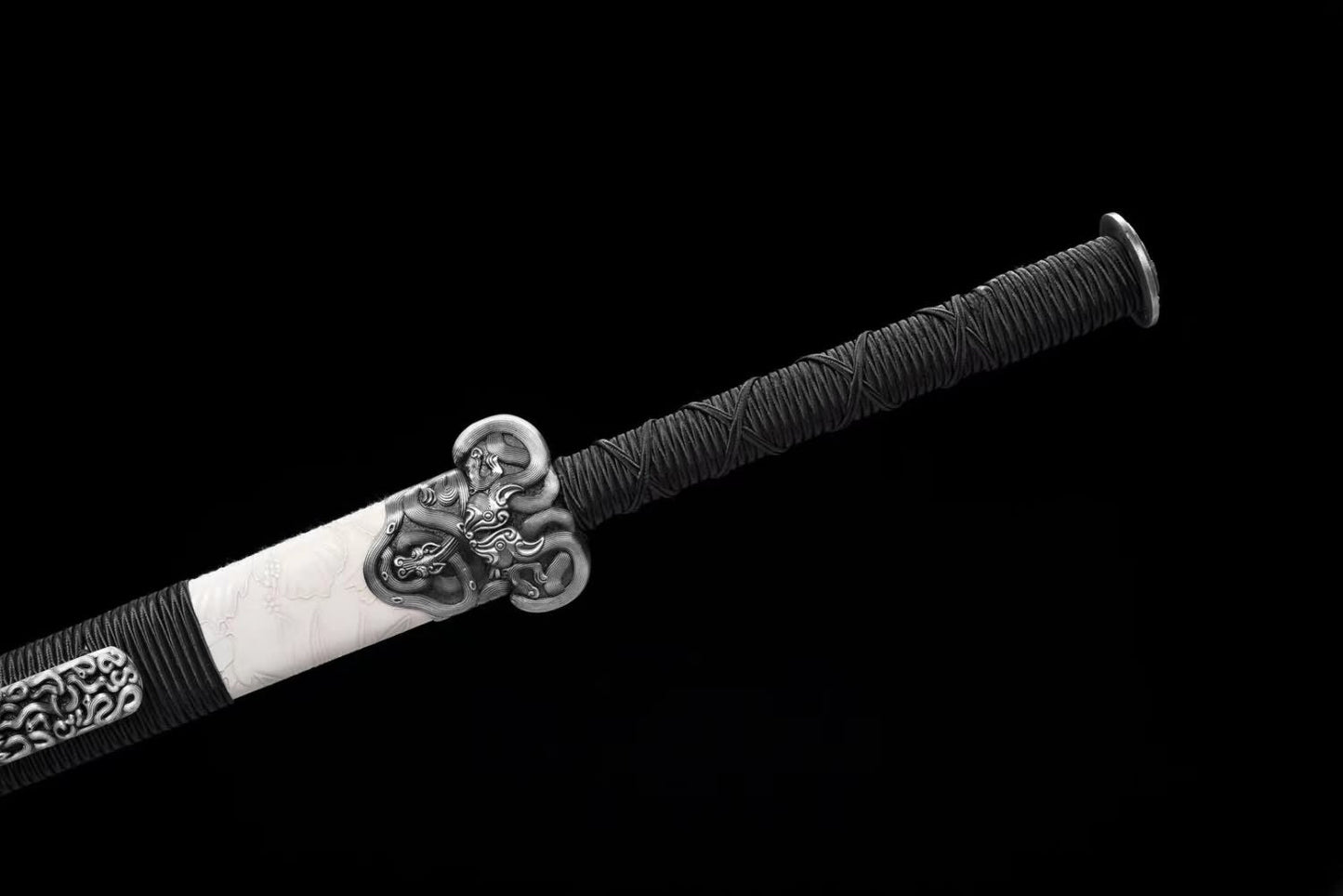 Han jian Sword Forged High Carbon Steel Etched Blade,Alloy Fittings,White Leather