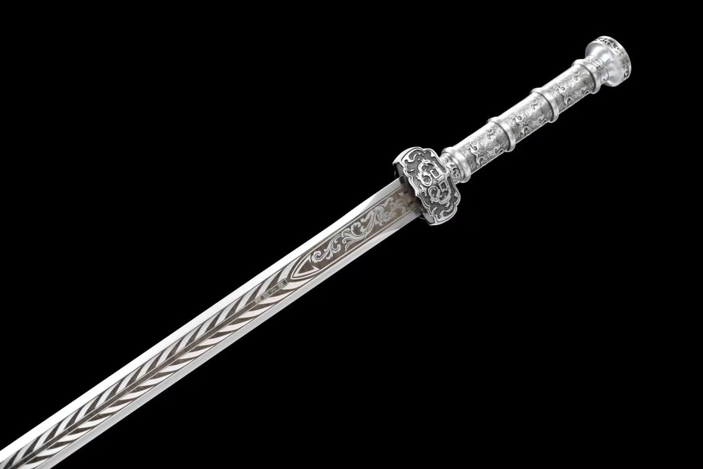 Ruyi jian Sword,Forged High Carbon Steel Etched Blade,Solid Wood Wrapped Faux Leather Scabbard,Alloy Fittings