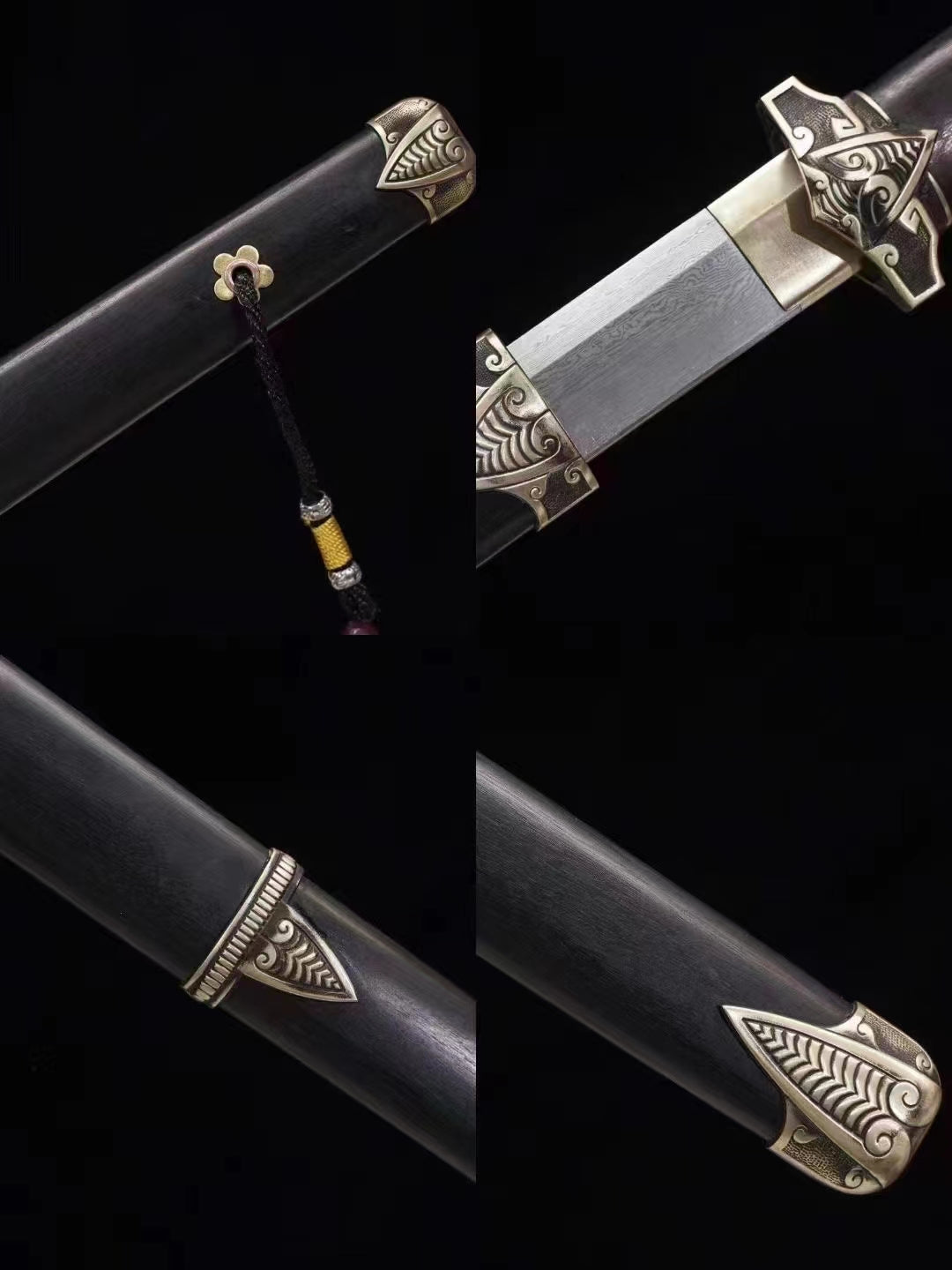 Tang dao Swords-Handcrafted Damascus Steel Blade with Brass Fittings Black Wood Scabbard