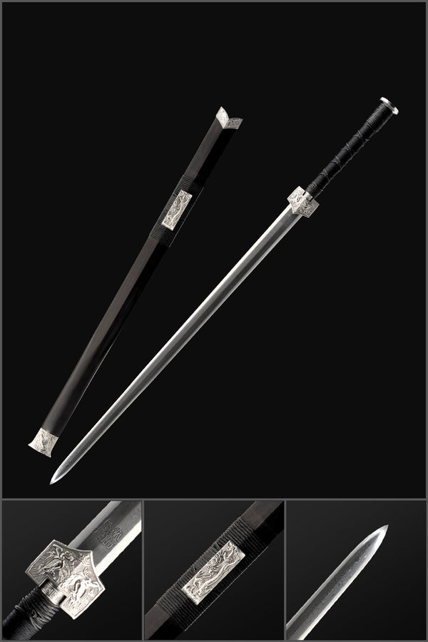 Handmade Chinese Sword Four-Holy-Animal Han Jian Folded Steel Eight-Sided Blade Ebony Scabbard