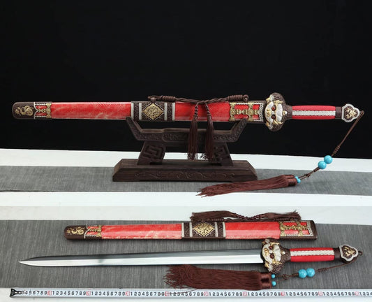 Yongle jian,Folded Steel Blade,Red Skin Scabbard,Brass Fittings