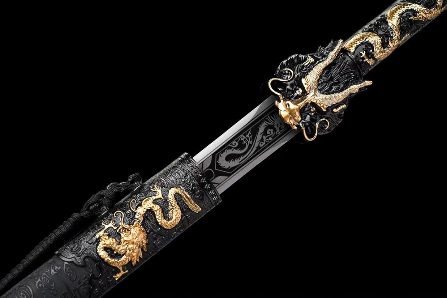 Dragon King Sword,Forged High Manganese Steel Blade,Double-Edged with Etched Dragon Patterns,Faux-Leather Scabbard