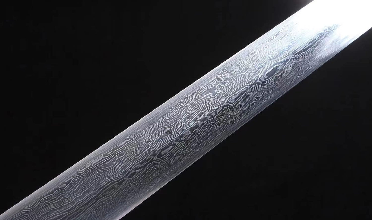 Chinese Swords Damascus Steel Brass Fittings Black Wood Scabbard