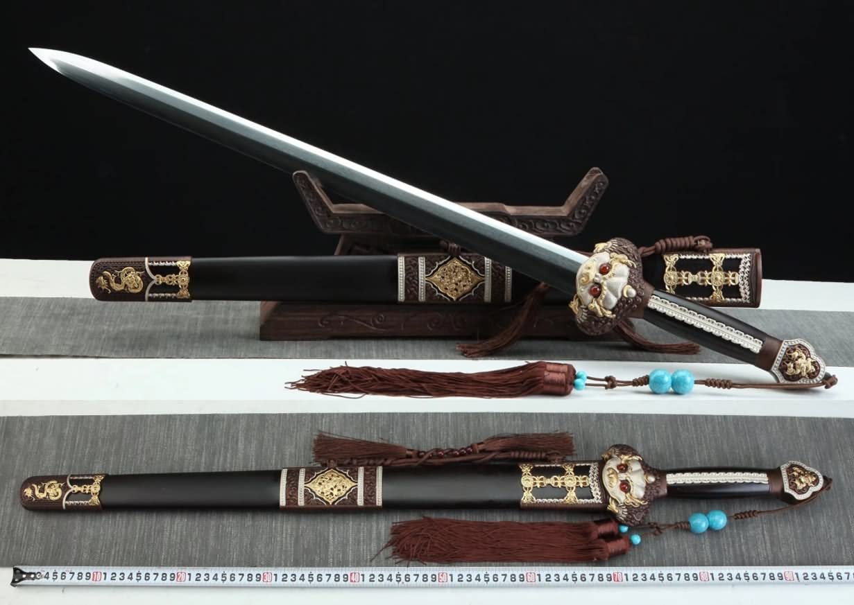 Yongle jian Damascus Steel Blades,Ebony Scabbard,Brass Fittings