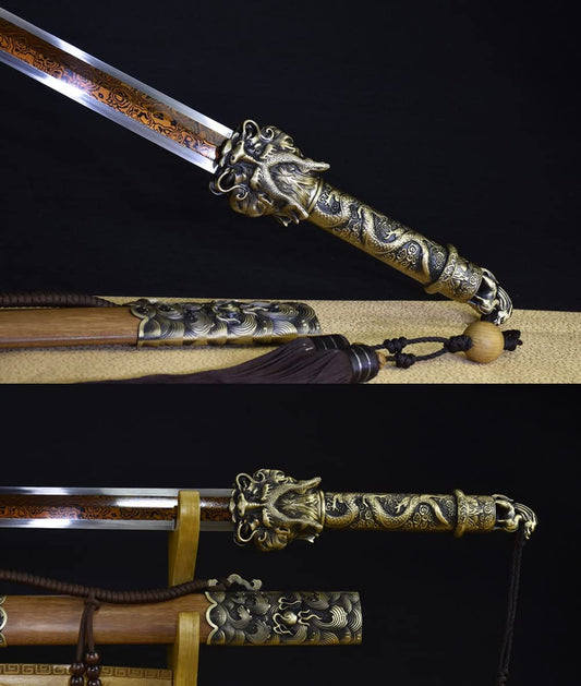 Dragon jian Real,Damascus Steel red Blade,Rosewood Scabbard,Brass Handle