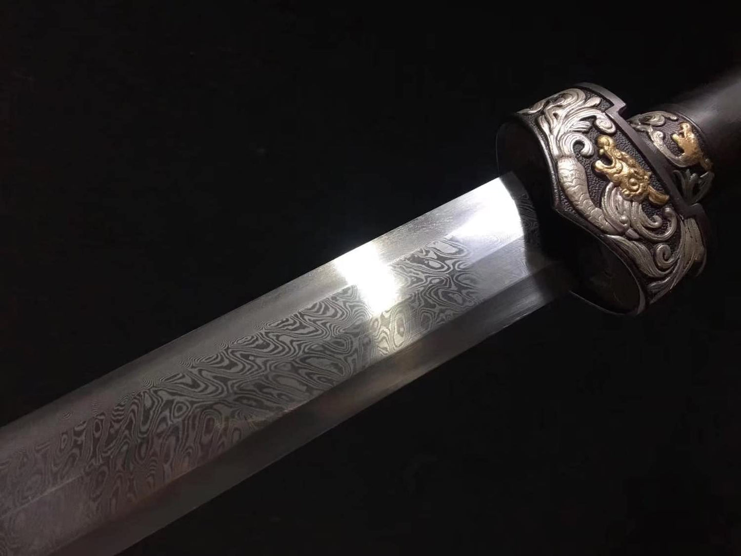 Dragon Phoenix Sword,Damascus Steel Blades,Brass Fittings,Ebony Scabbard