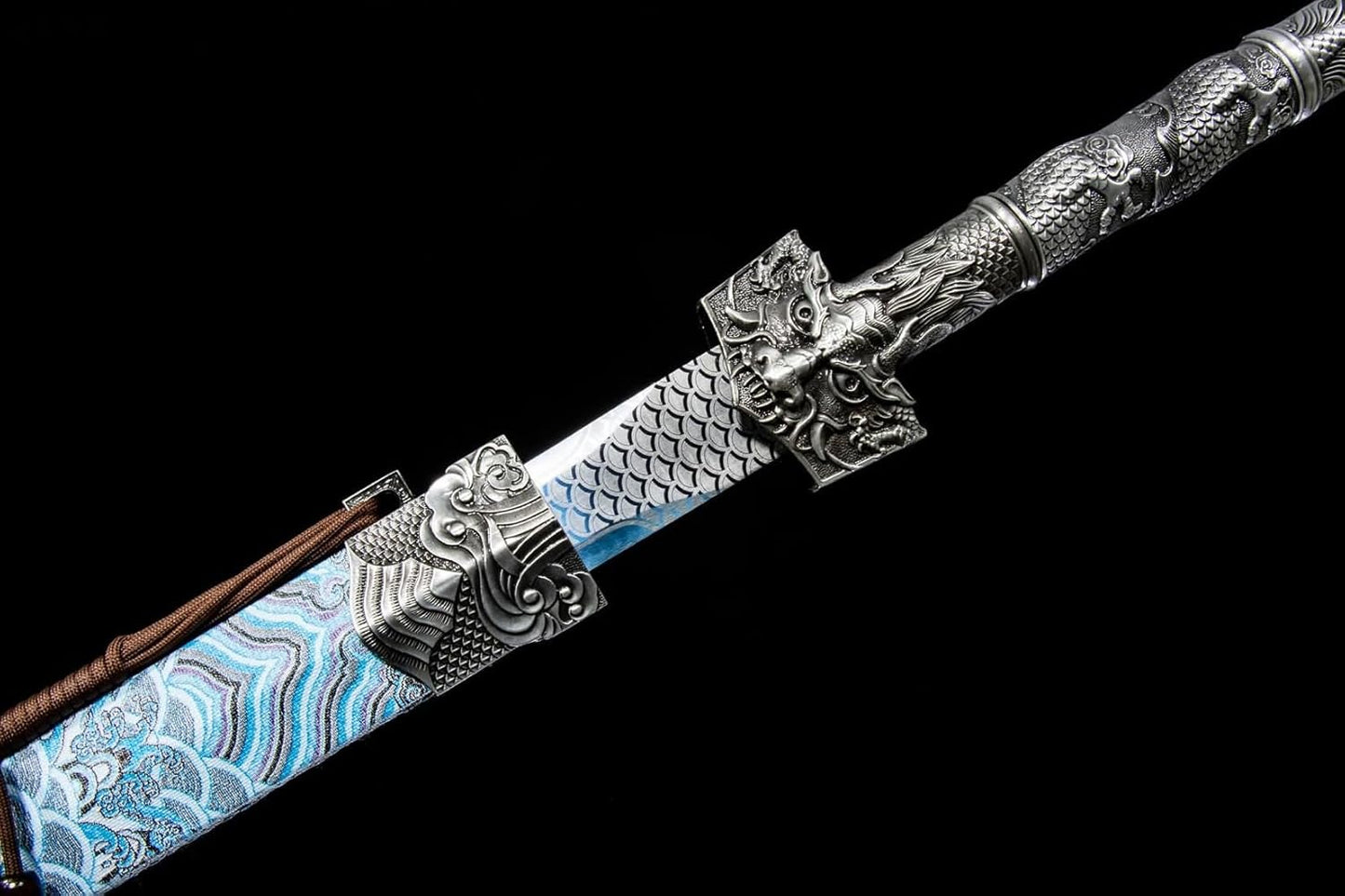 Forged Han Jian Sword–Blue-Etched High carbon Steel Blade,Wooden Scabbard with PVC Leather,