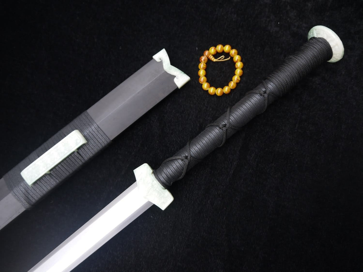 Chinese sword,Damascus steel Eight blade,Black scabbard,Resin Jade fitting