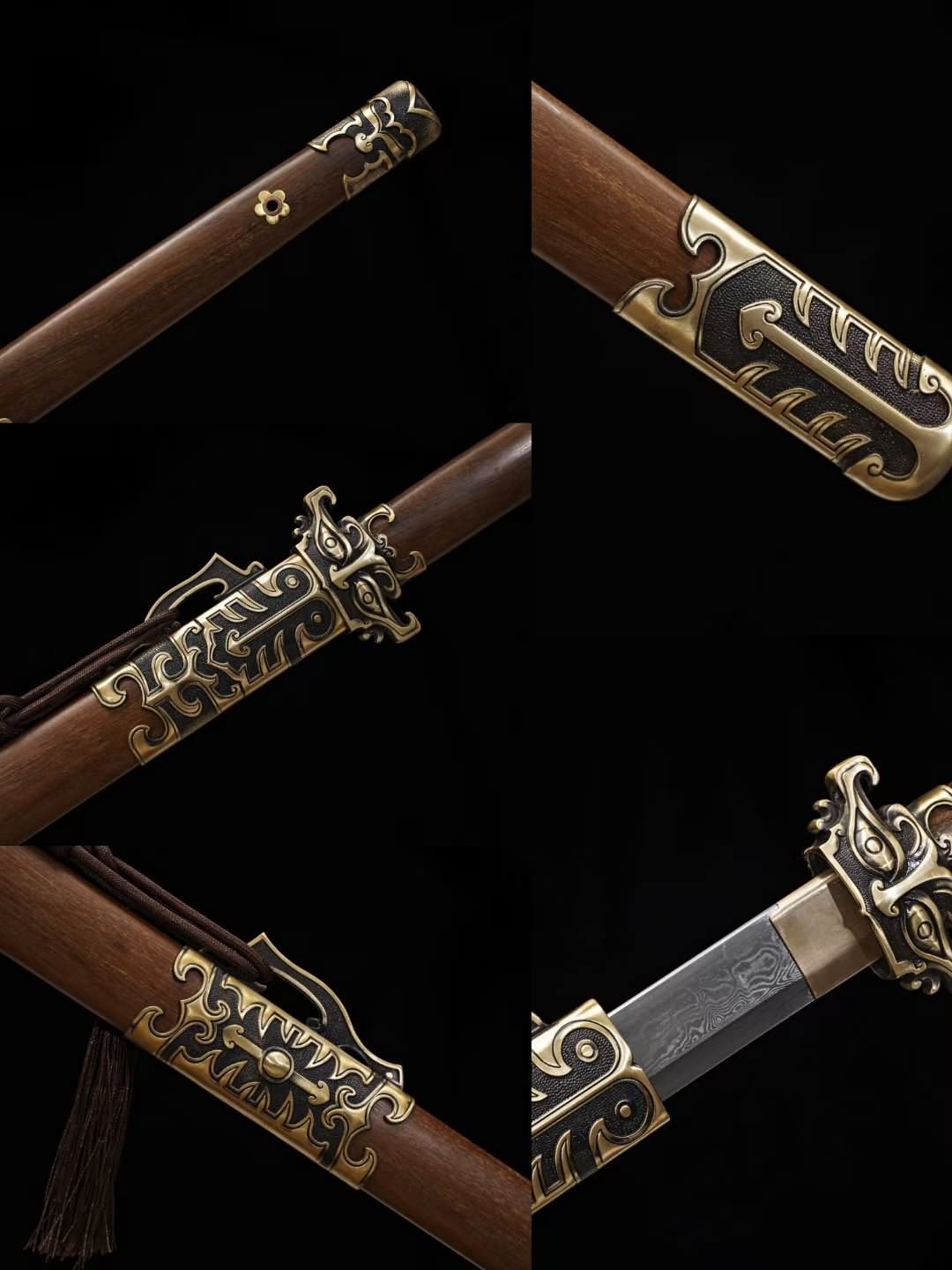 Tang dao, Damascus Steel Blades,Brass Fittings,Rosewood Scabbard