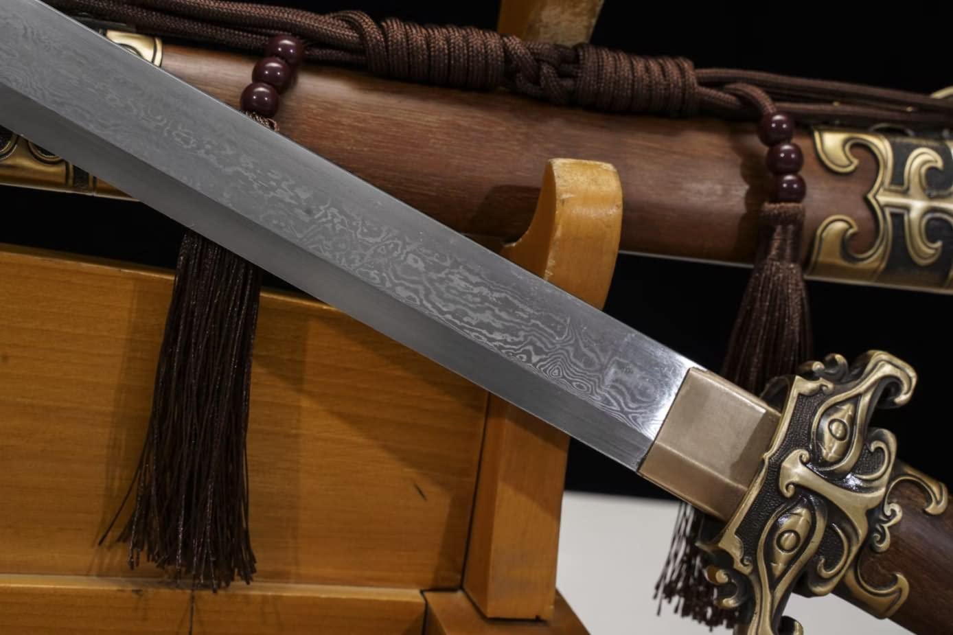 Tang dao, Damascus Steel Blades,Brass Fittings,Rosewood Scabbard