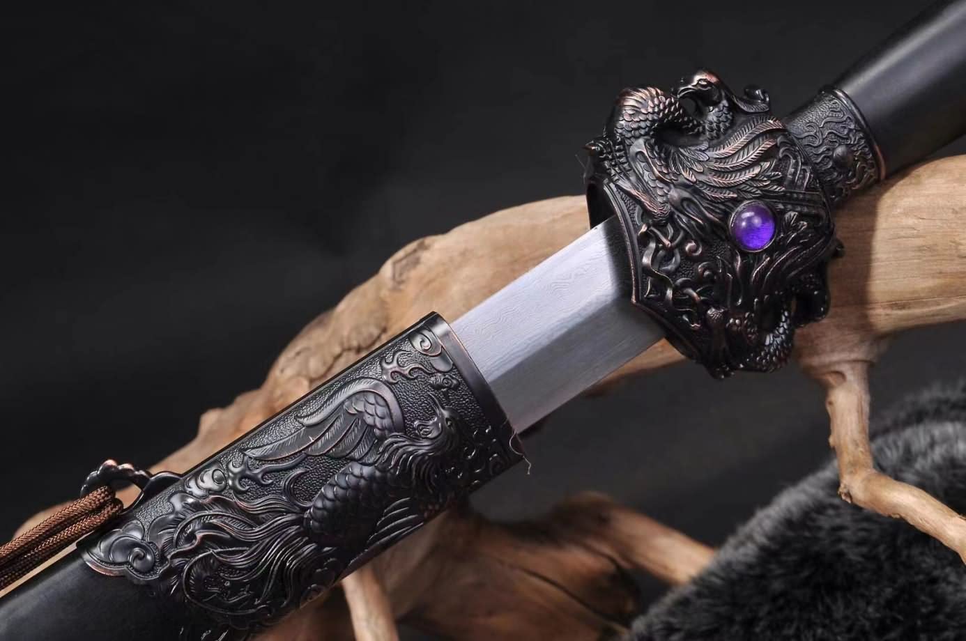 Suzaku jian,Damascus Steel Blade,Alloy Fittings,Black Wood Scabbard