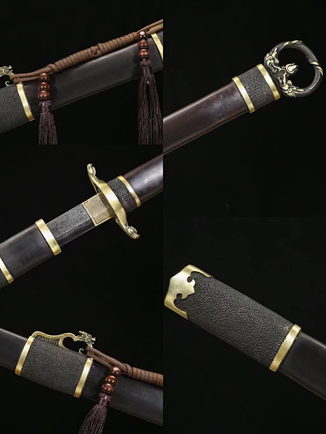 Tang dao,Forged Damascus Blade,Brass Fittings,Ebony Scabbard