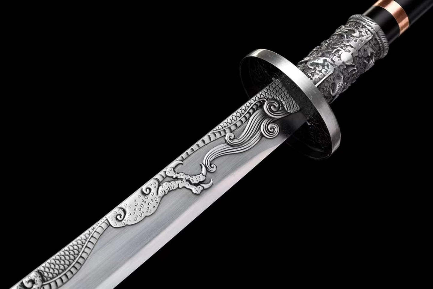 Guan Dao 82"–Forged High Manganese Steel Blade with Etched Design,Faux Leather Sheath,Two-Piece Stainless Steel Pole