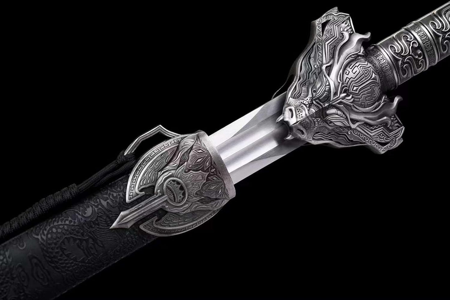 Dragon Battle Sword - Forged High Carbon Steel Blade, Dual Grooves, Alloy Dragon Fittings