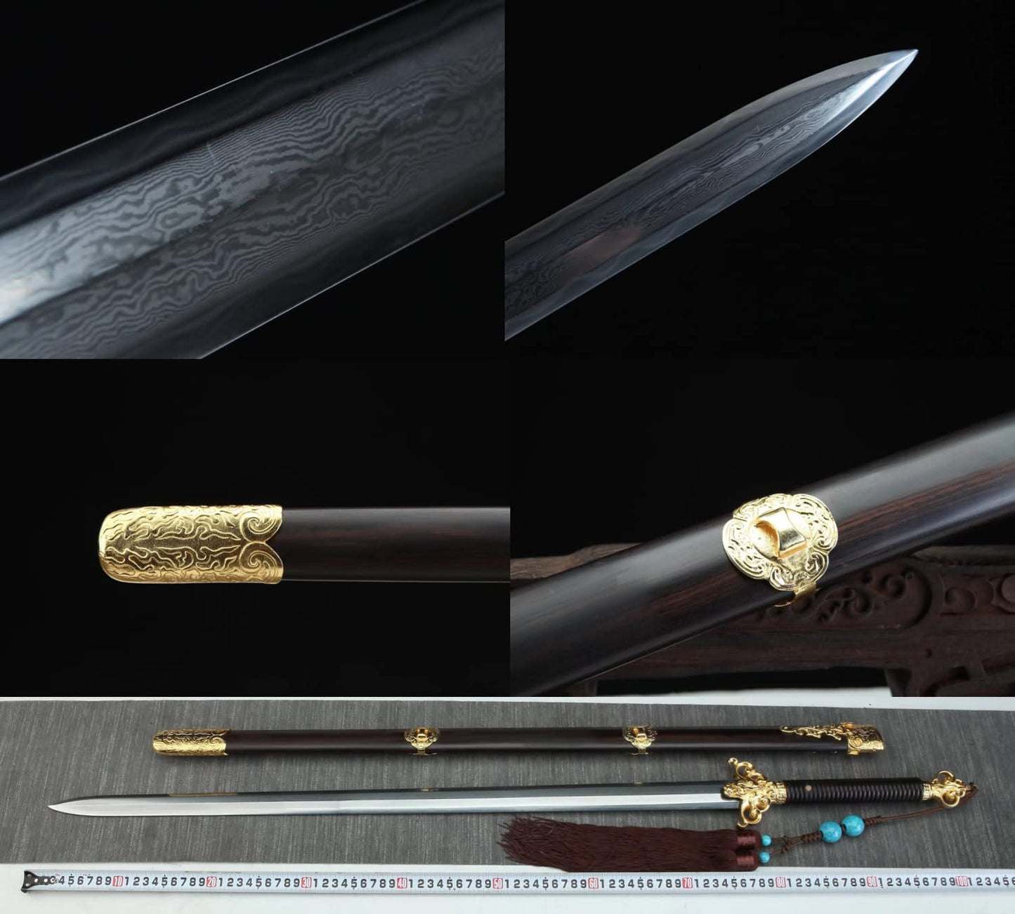 Fire Dragon Sword,Forged Damascus Steel Blade,Ebony Scabbard,Brass Fittings