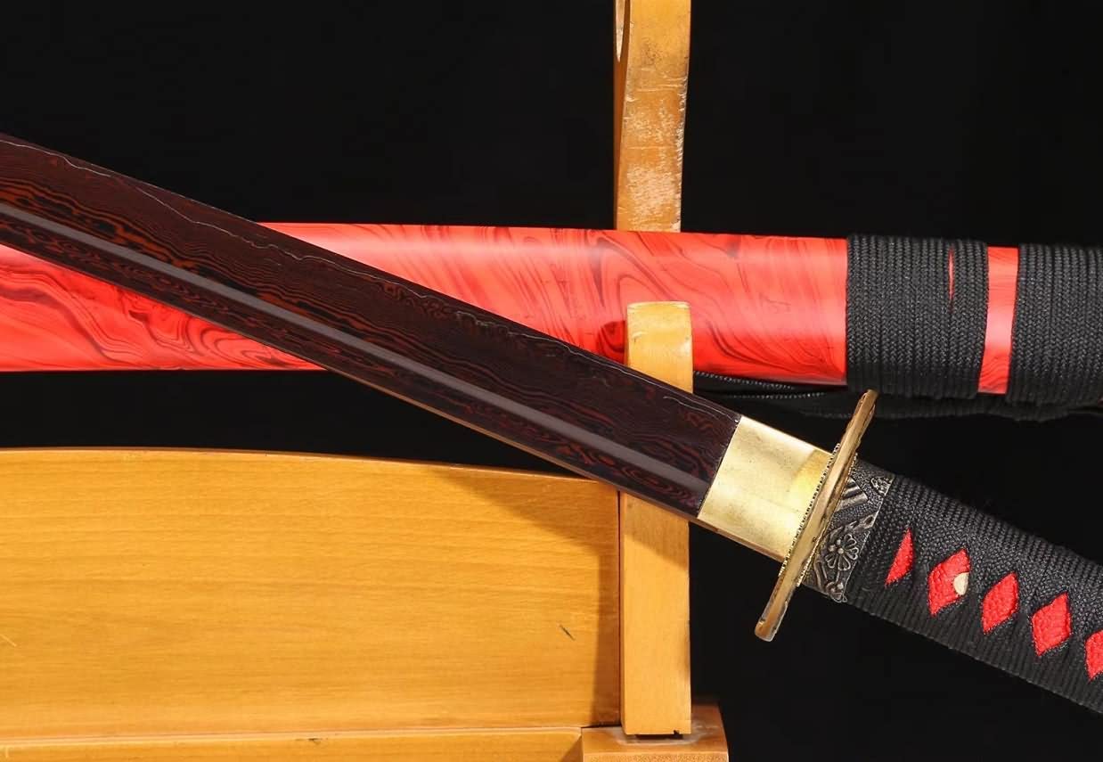 Samurai Sword Battle Ready,Hand Forged Damascus Blade Red Scabbard