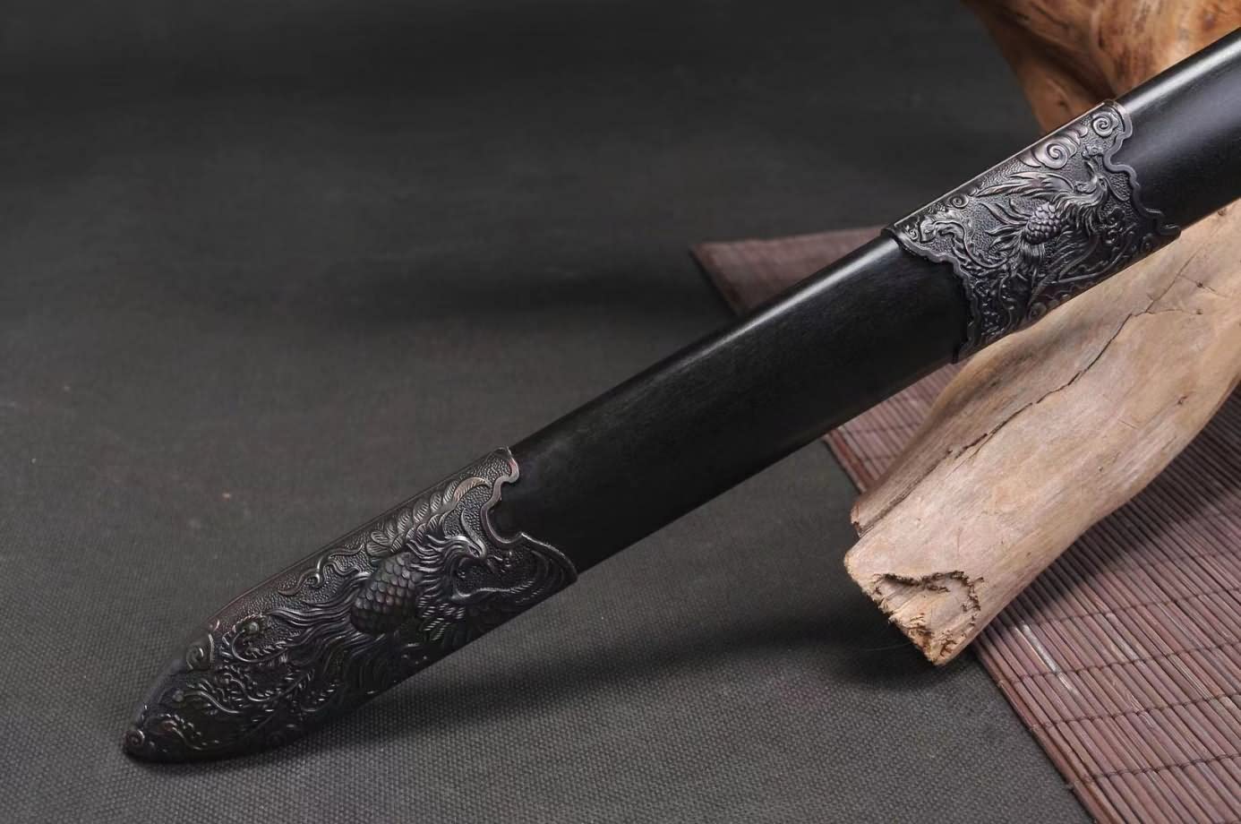 Suzaku jian,Damascus Steel Blade,Alloy Fittings,Black Wood Scabbard